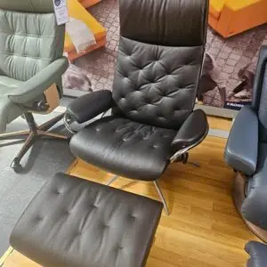 Metro high back chair with footstool - Black Batick leather on star base